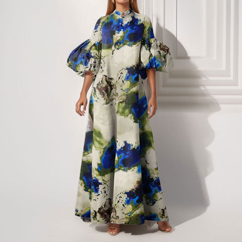 Damen Maxikleid mit voluminösen Puffärmeln und kunstvollem Farbdesign Drune