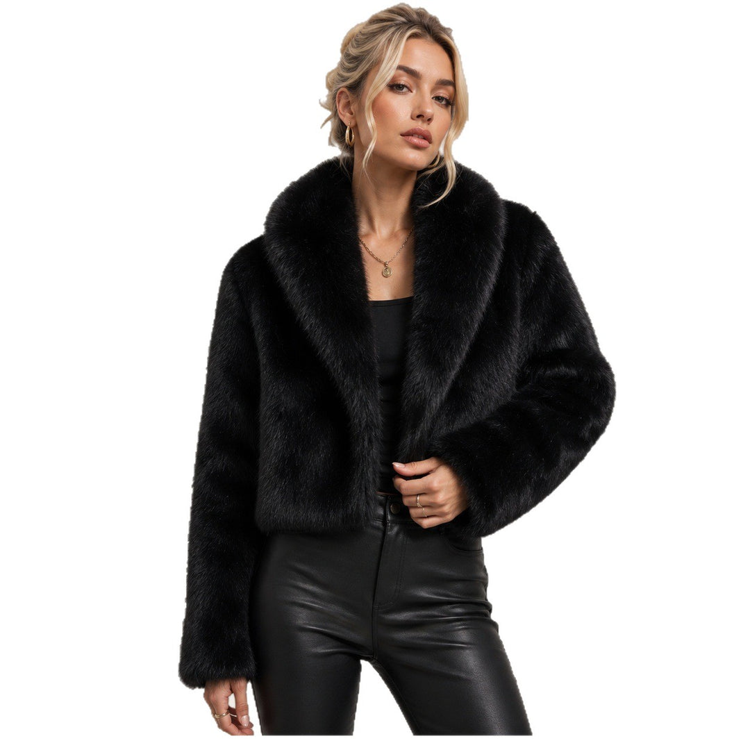 Damen Cropped Kunstpelz-Kurzjacke mit extravoluminösem Schalkragen Drune