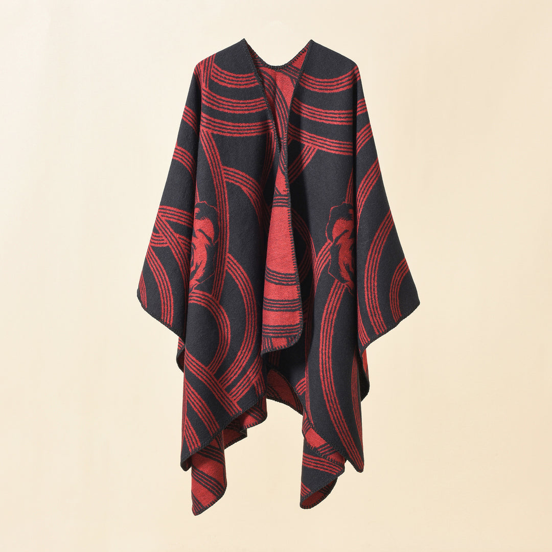 Damen Reversfreier Jacquard-Umhang im kastigen Oversize mit abstraktem Medaillonmuster Drune