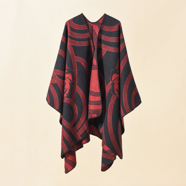 Damen Reversfreier Jacquard-Umhang im kastigen Oversize mit abstraktem Medaillonmuster Drune