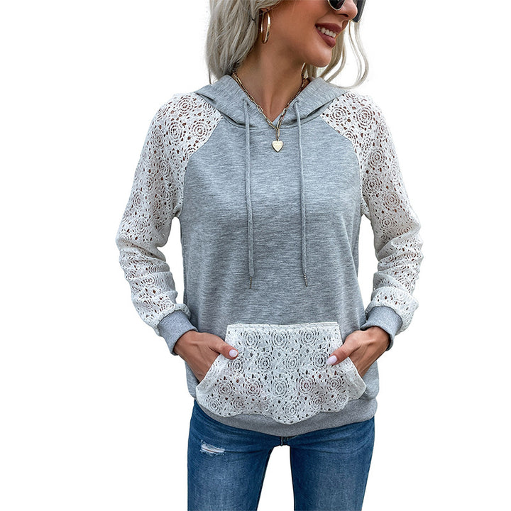 Damen Kapuzenpullover aus Sweat mit floralen Spitzeneinsätzen an Ärmeln und Kängurutasche Drune