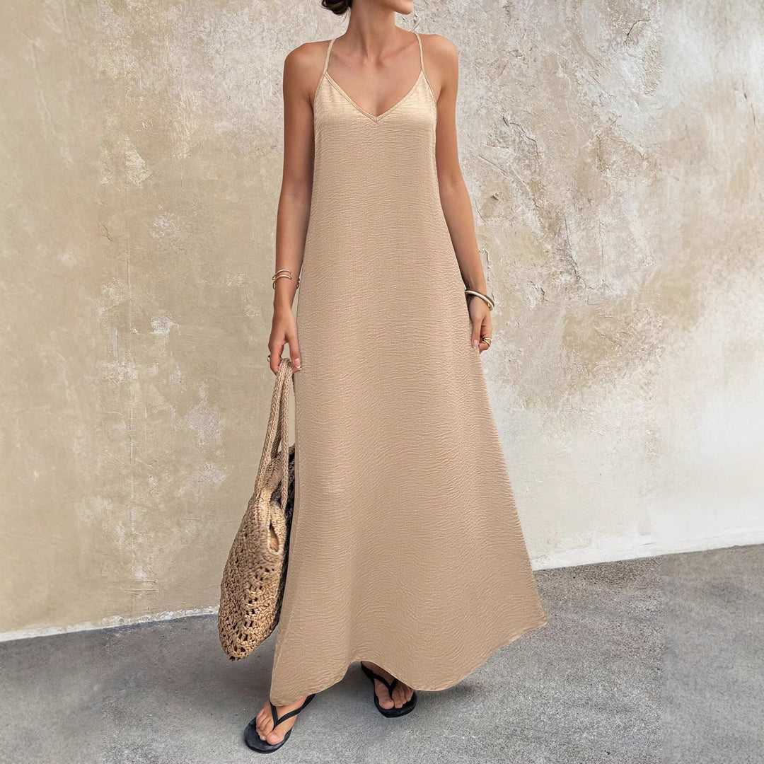 Damen Fließendes Maxikleid mit Spaghettiträgern, V-Ausschnitt und sommerlicher Leinenoptik Drune