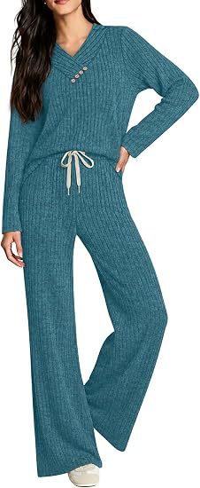 Damen Weiches Rippstrick-Lounge-Set mit V-Ausschnitt und Kordelbund Drune