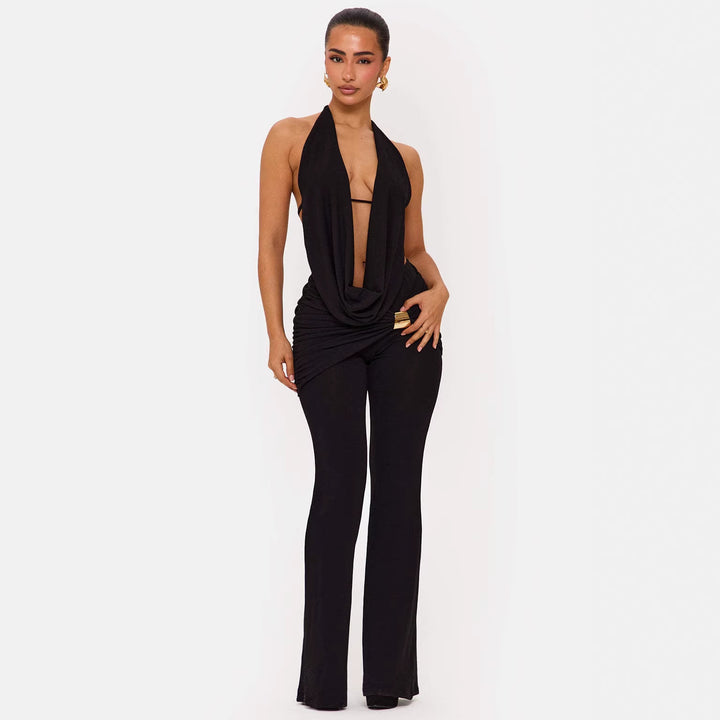 Damen Eleganter Jumpsuit mit doppeltem Kragen und trendiger Raffung Drune