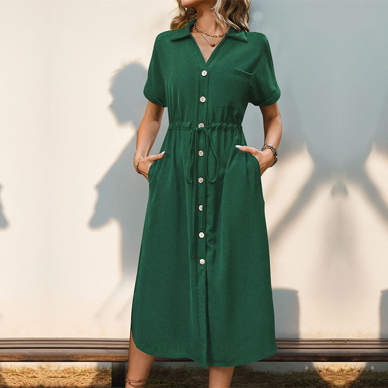 Damen Langarm Hemdblusenkleid mit Taillengürtel Drune