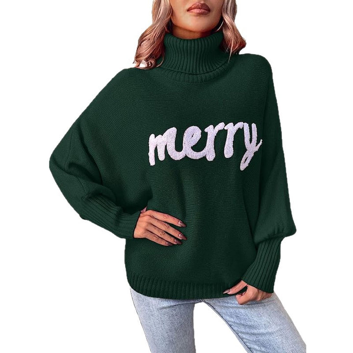 Damen Oversized Rollkragenpullover mit festlichem Schriftzug Drune