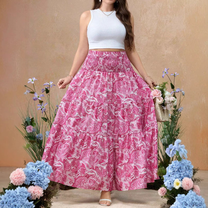 Damen maxi Rock mit voluminösem Volant und floralen Paisley-Muster Drune