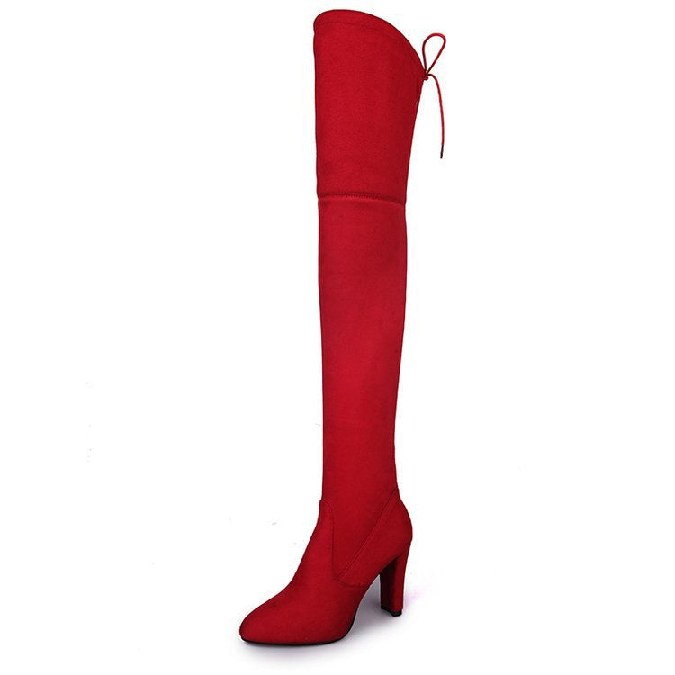 Damen  Overknee-Stiefel aus Veloursleder mit elastischem Schaft und mittelhohem Blockabsatz Drune