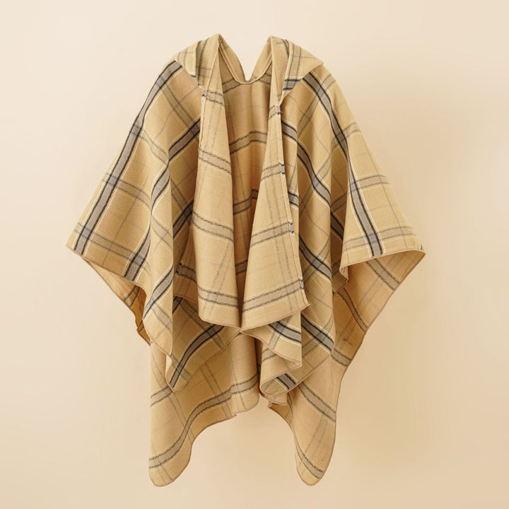 Damen Kapuzen-Poncho mit Karomuster, weichfallender Wollmix und offenem Oversize-Fall Drune