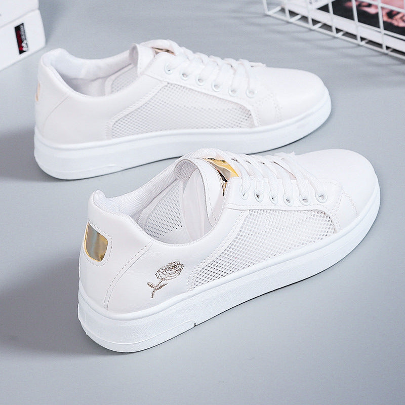 Damen nan urbaner Freizeit-Sneaker mit dezenter Rosenstickerei, erhöhtem Keilsohlenprofil und gepolstertem Komfortfußbett Drune
