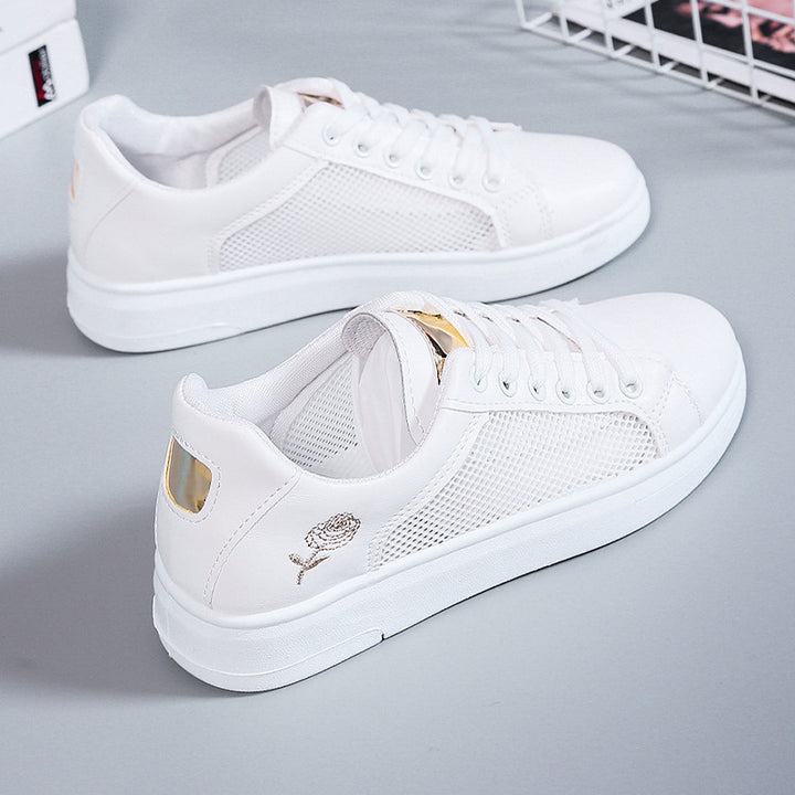 Damen nan urbaner Freizeit-Sneaker mit dezenter Rosenstickerei, erhöhtem Keilsohlenprofil und gepolstertem Komfortfußbett Drune