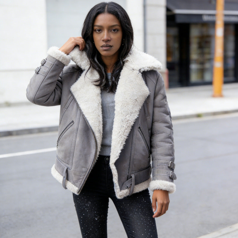 Damen nan flauschige Bikerjacke mit Teddyfutter und Schnallenbesatz Drune