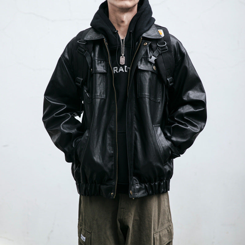 Herren Oversized Lederoptik-Utility-Jacke mit Pattentaschen und elastischem Saum Drune