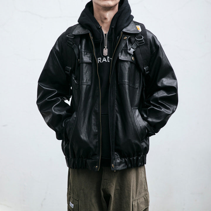 Herren Oversized Lederoptik-Utility-Jacke mit Pattentaschen und elastischem Saum Drune