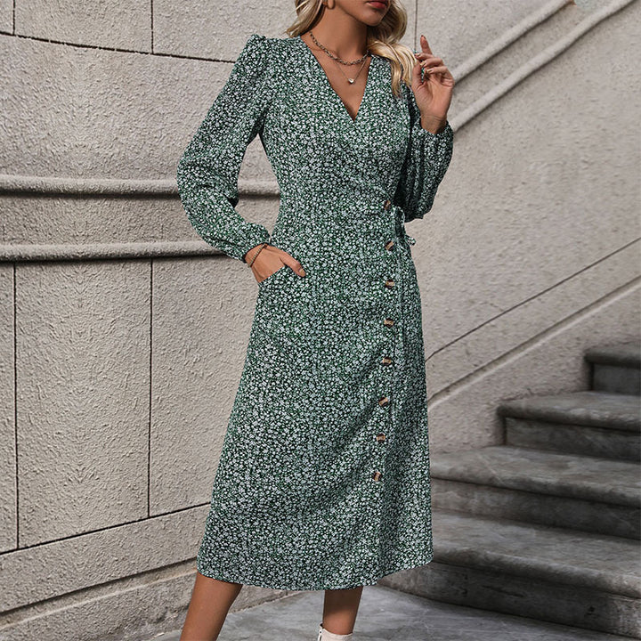 Damen Florales Wickel-Midikleid mit asymmetrischer Knopfleiste und geraffter Taille Drune