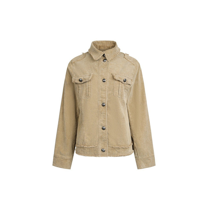 Damen Kurz geschnittene Cordjacke mit Fransenabschlüssen, Hemdkragen und Pattentaschen Drune
