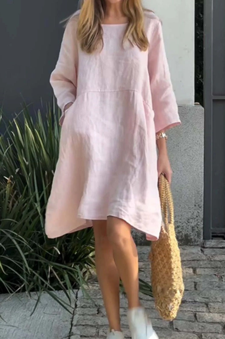 Damen lässiges Leinenkleid mit praktischen Taschen und asymmetrischem Saum Drune