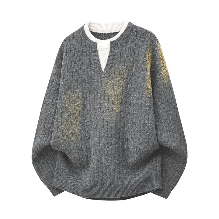 Damen Oversize Zopfstrick-Pullover mit V‑Ausschnitt und Lagenkragen Drune
