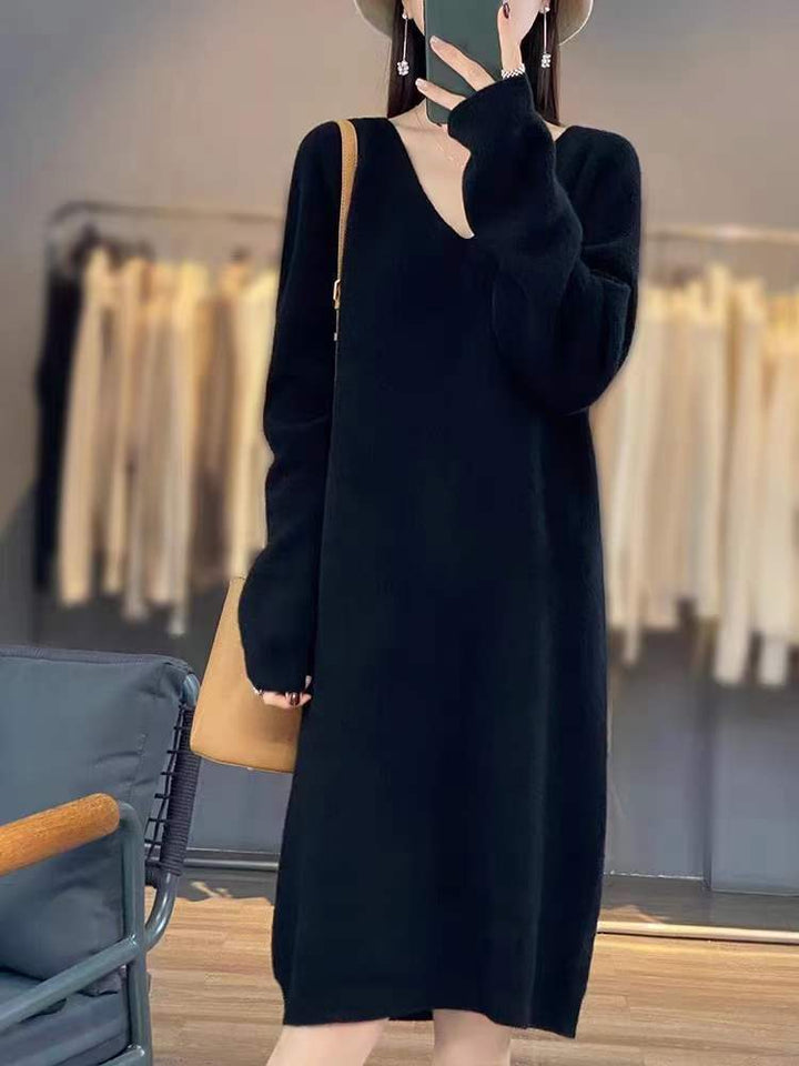Damen gemütliches Strickkleid mit V-Ausschnitt und lässigem Schnitt Drune