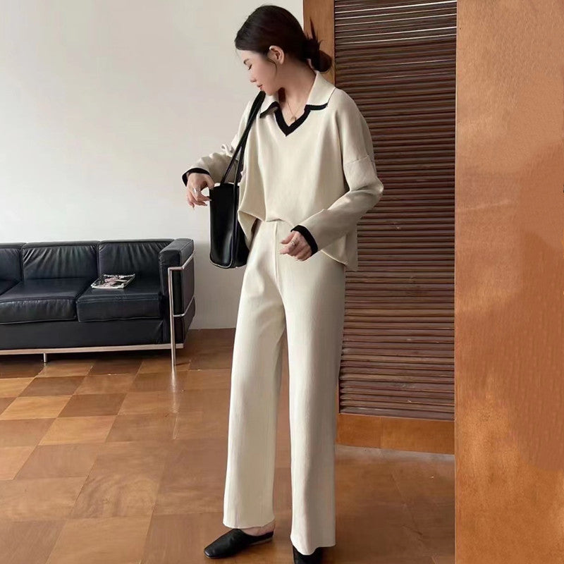 Damen elegantes und lässiges Strickensemble mit V-Ausschnitt und breitem Saum Drune