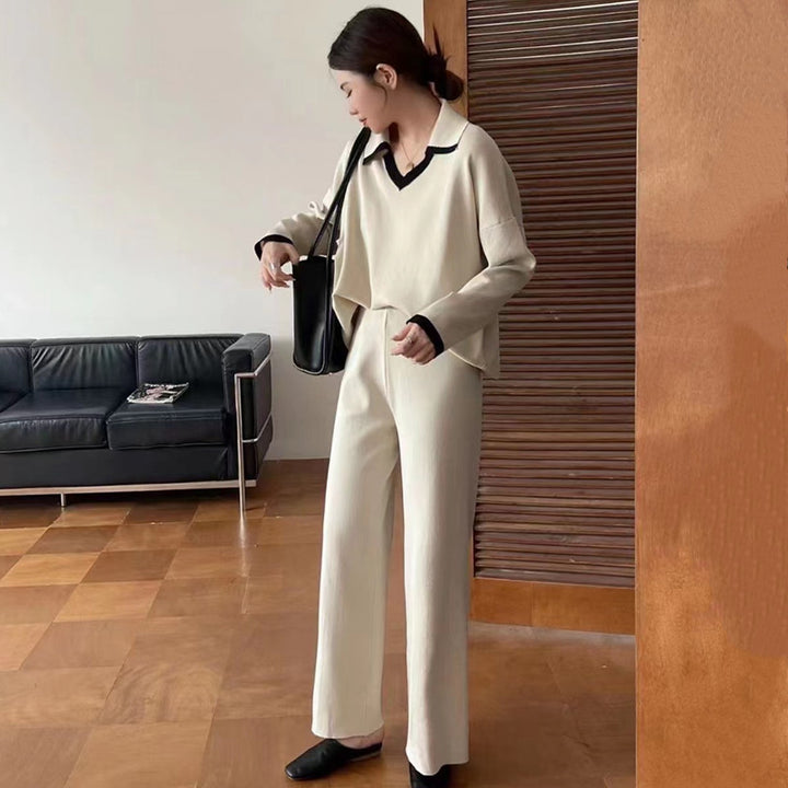 Damen elegantes und lässiges Strickensemble mit V-Ausschnitt und breitem Saum Drune