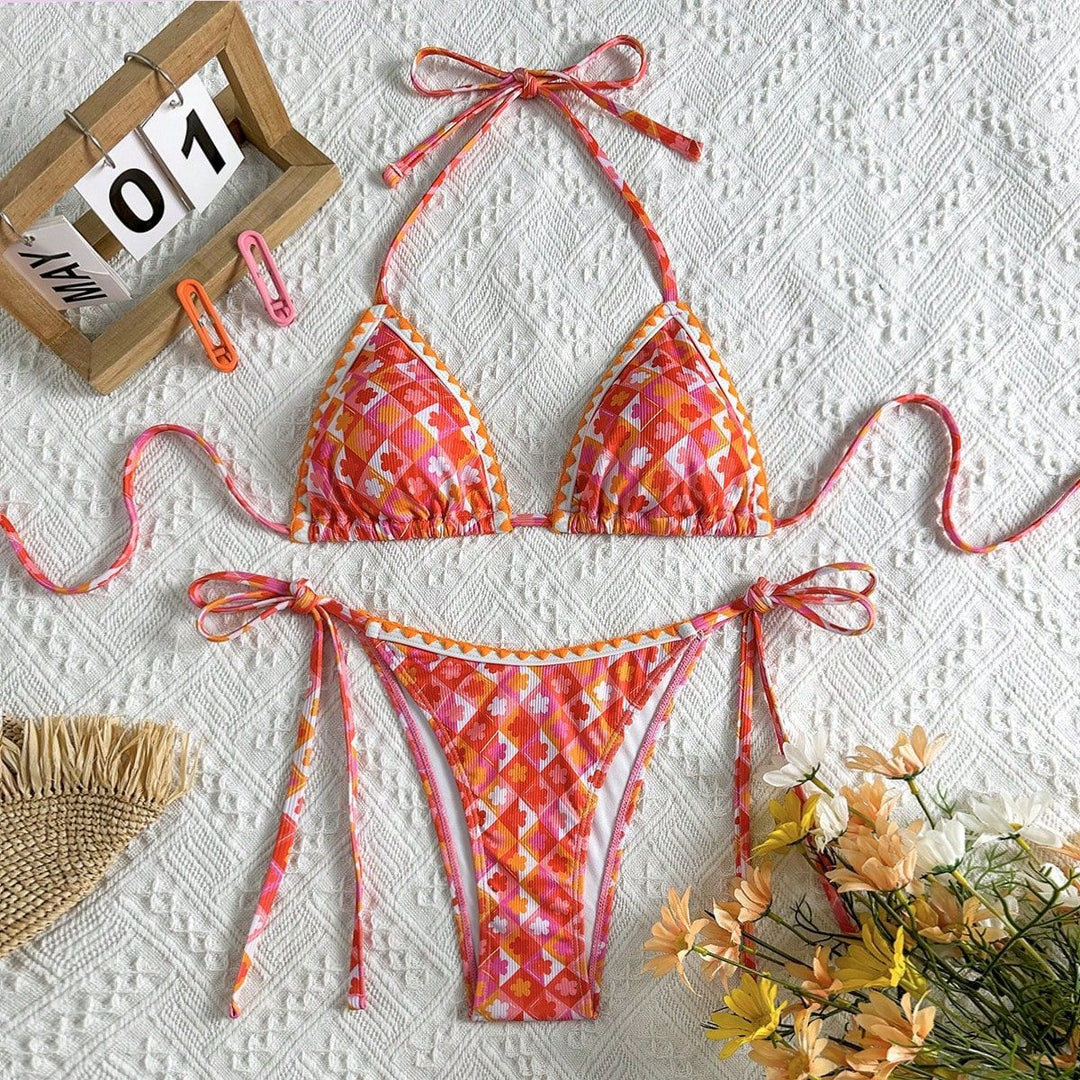 Damen Triangel-Bikini mit verspieltem Karomuster und raffinierten Trägern Drune