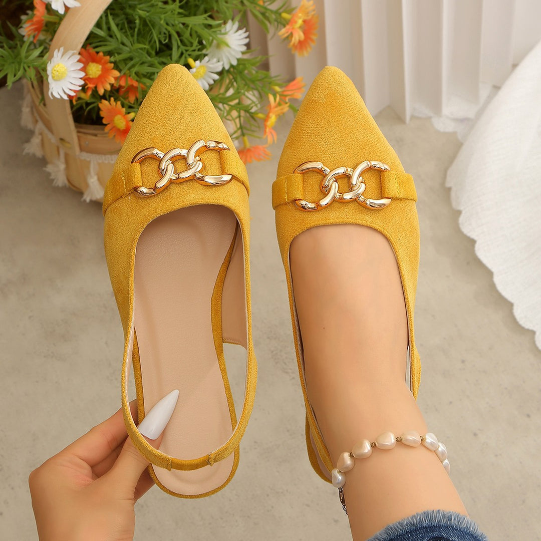 Damen Ballerinas mit Fersenriemen, spitzer Kappe und goldener Kettenverzierung Drune