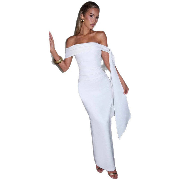 Damen Elegantes Abendkleid mit Off-Shoulder-Design und Fließendem Cape Drune