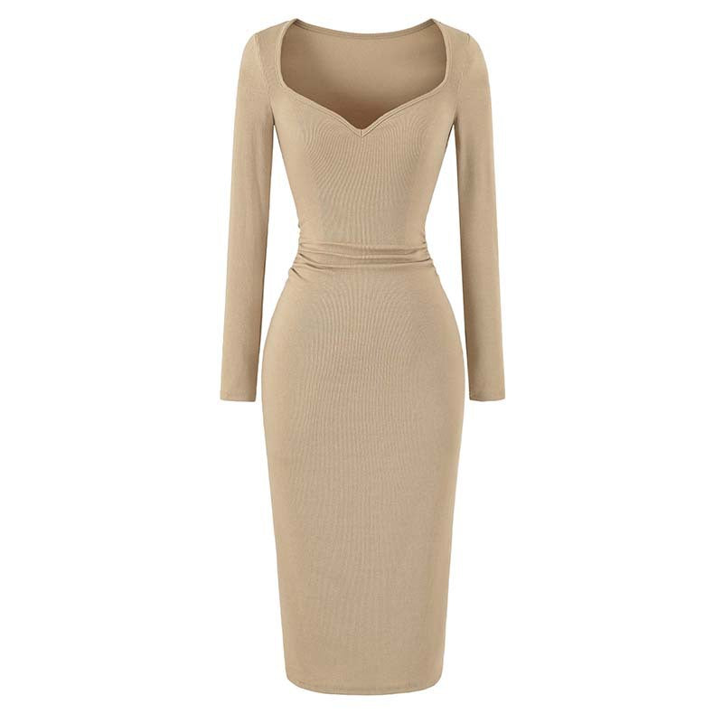 Damen Eng anliegendes Midikleid mit herzförmigem Ausschnitt und langen Ärmeln Drune