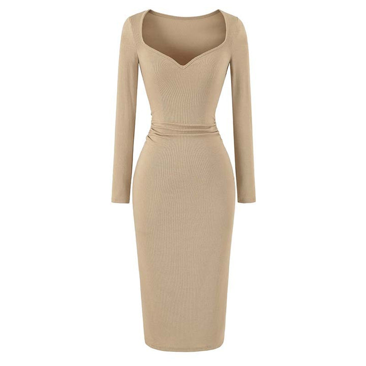 Damen Eng anliegendes Midikleid mit herzförmigem Ausschnitt und langen Ärmeln Drune