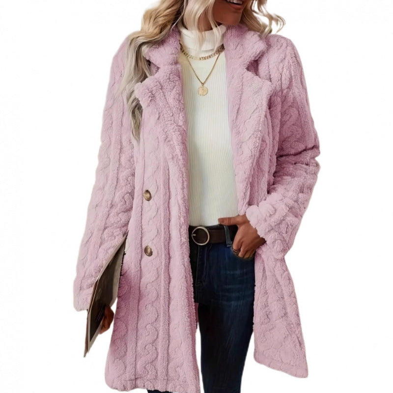 Damen Midilanger Teddy-Mantel mit Zopfmuster, Reverskragen und doppelt geknöpfter Front Drune