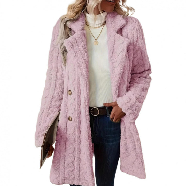 Damen Midilanger Teddy-Mantel mit Zopfmuster, Reverskragen und doppelt geknöpfter Front Drune