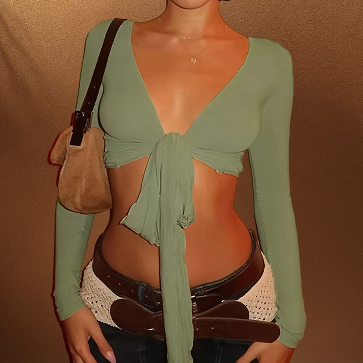 Damen Crop-Top mit tiefem V-Ausschnitt und Bindedetail Drune