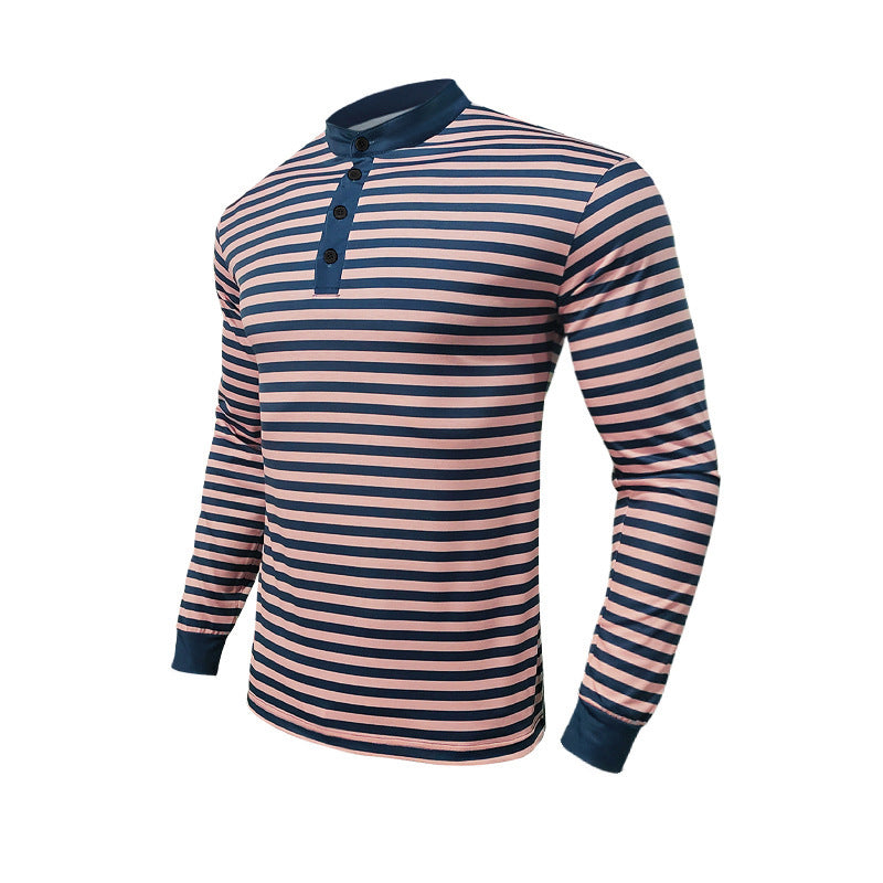 Herren nan gestreiftes Langarm-Henleyshirt mit Stehkragen, schmaler Passform und elastischem Baumwollmix Drune