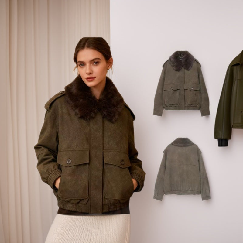 Damen Kurzjacke in Velourslederoptik mit abnehmbarem Fellkragen und Pattentaschen Drune