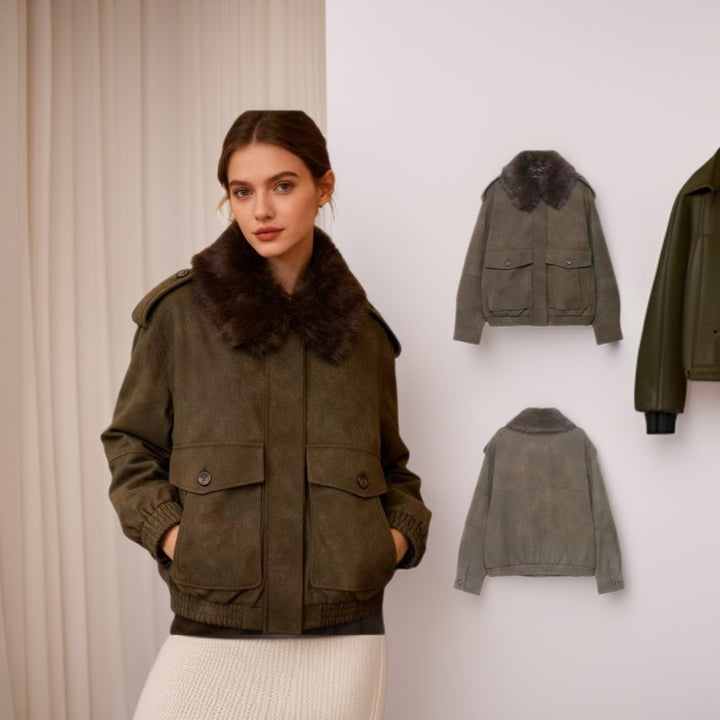 Damen Kurzjacke in Velourslederoptik mit abnehmbarem Fellkragen und Pattentaschen Drune