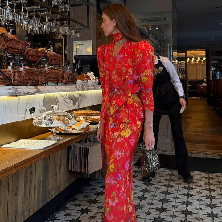 Damen Wickel-Maxikleid mit floralem Print, Puffärmeln und Schalkragen Drune