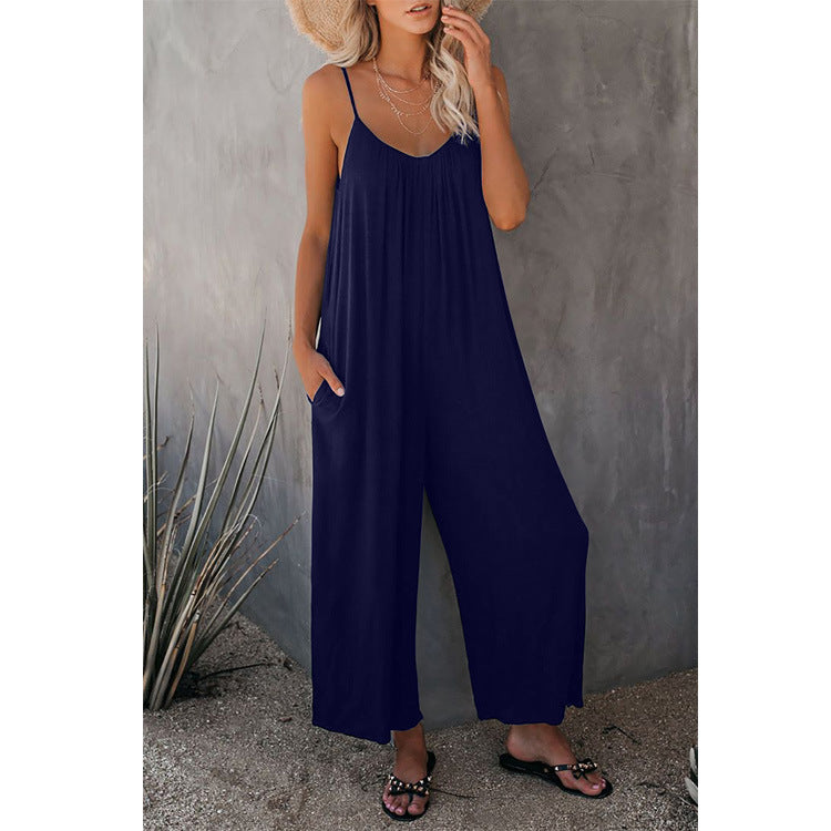 Damen Lässiger Sommer-Jumpsuit mit tiefem Ausschnitt und praktischen Taschen Drune