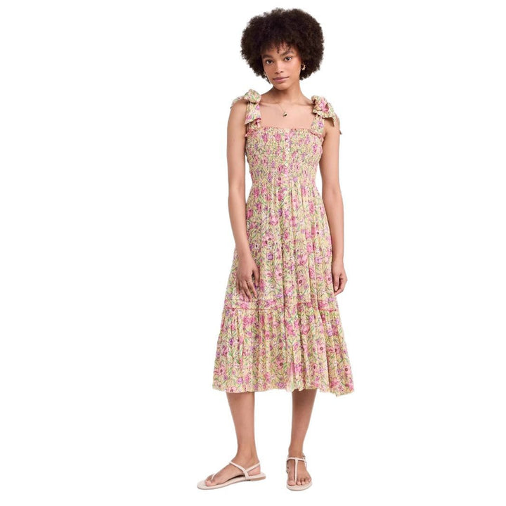 Damen Maxikleid mit floralem Rüschendesign und elastischem Oberteil Drune