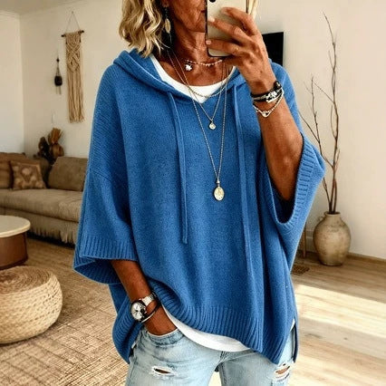 Damen Oversize Strick-Poncho mit Kapuze, Fledermausärmeln und Seitenschlitzen Drune