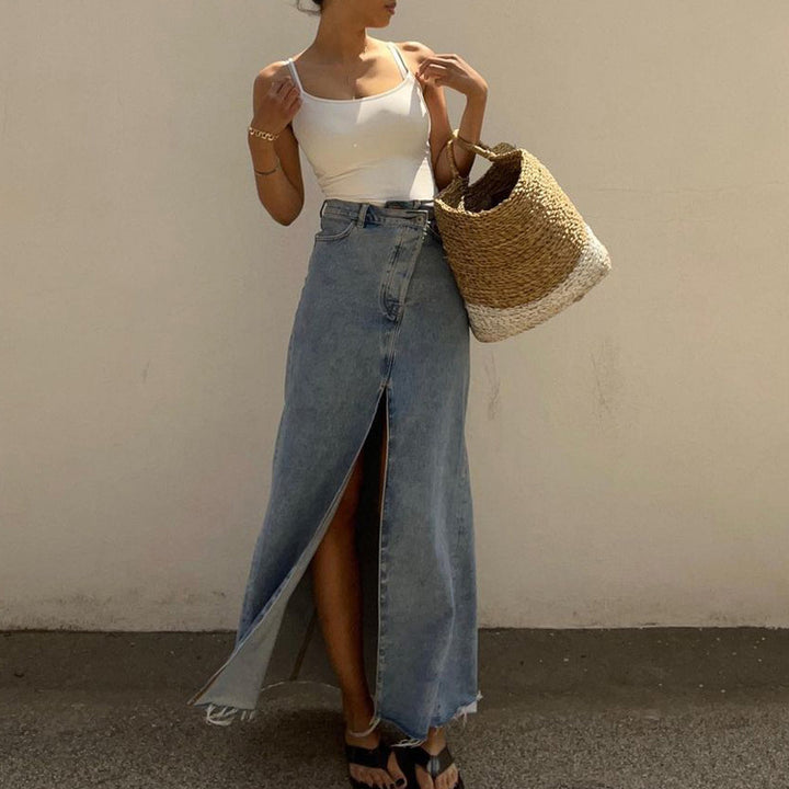 Damen Denim Maxi-Rock mit Schlitz und hohem Bund Drune