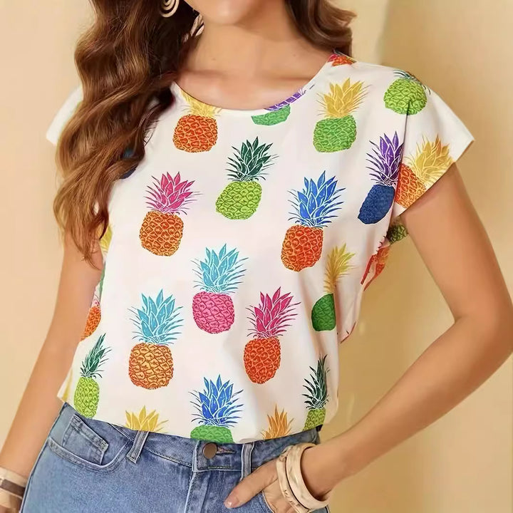 Damen Kurzarm T-Shirt mit lebhaftem Ananasdruck Drune
