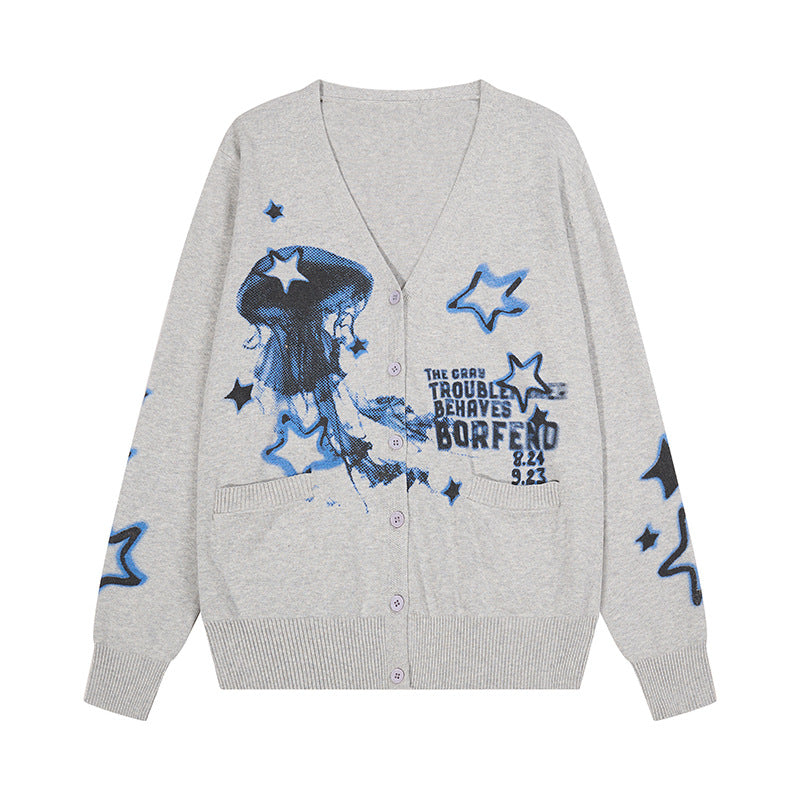 Damen Geknöpfte V‑Neck Strickjacke mit Allover-Print, Eingrifftaschen und geripptem Saum Drune