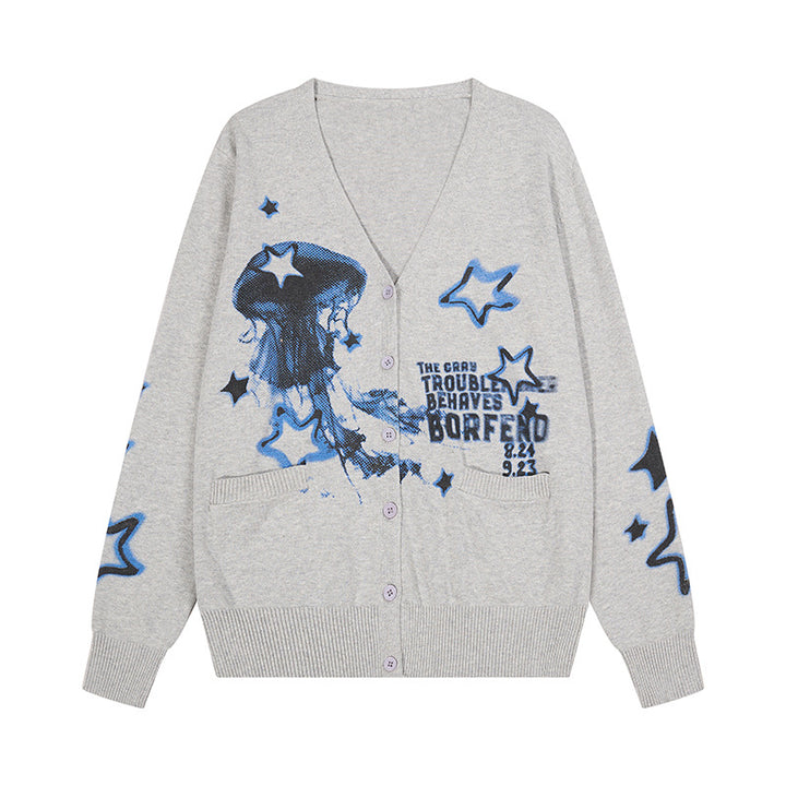 Damen Geknöpfte V‑Neck Strickjacke mit Allover-Print, Eingrifftaschen und geripptem Saum Drune