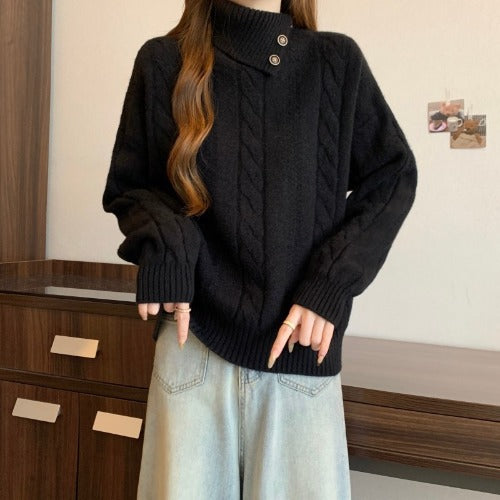 Damen Strickpullover mit Stehkragen und Zopfmuster Drune