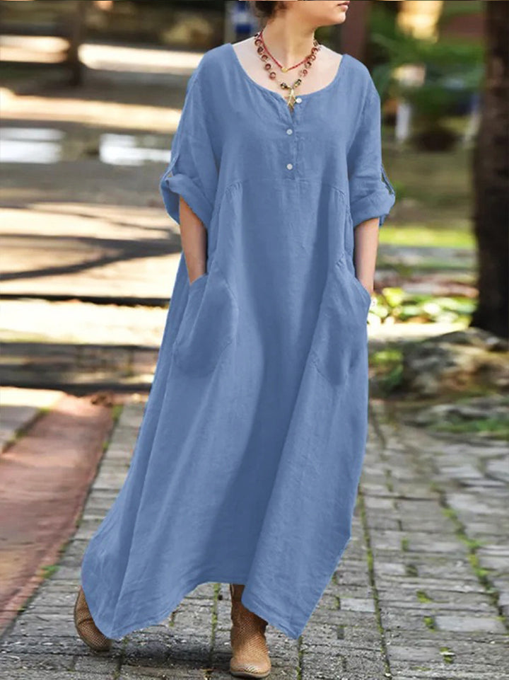 Damen längeres Kleid mit Knopfdetail und praktischen Taschen Drune