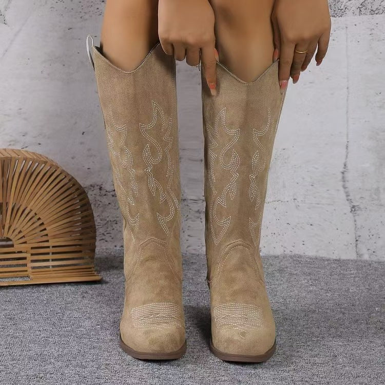 Damen nan Kniestiefel im Westernstil mit mittelhohem Blockabsatz seitlichem Reißverschluss und gesticktem Wildlederfinish Drune