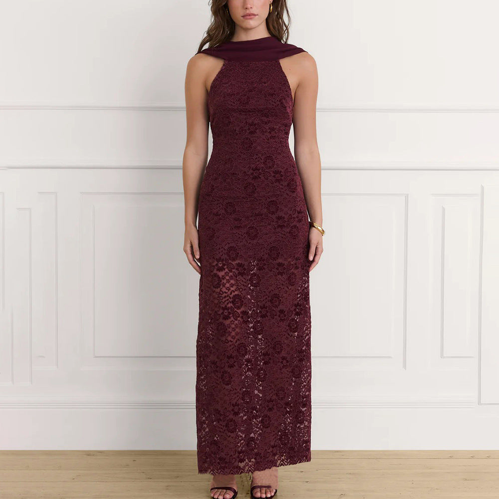Damen Elegantes Maxikleid mit raffinierter Spitzenverzierung und schickem Halterneck Drune