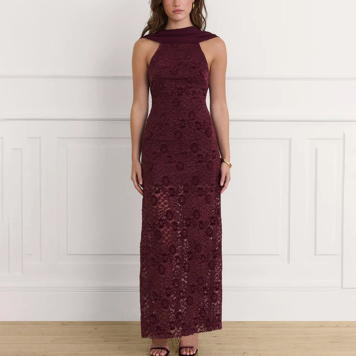 Damen Elegantes Maxikleid mit raffinierter Spitzenverzierung und schickem Halterneck Drune