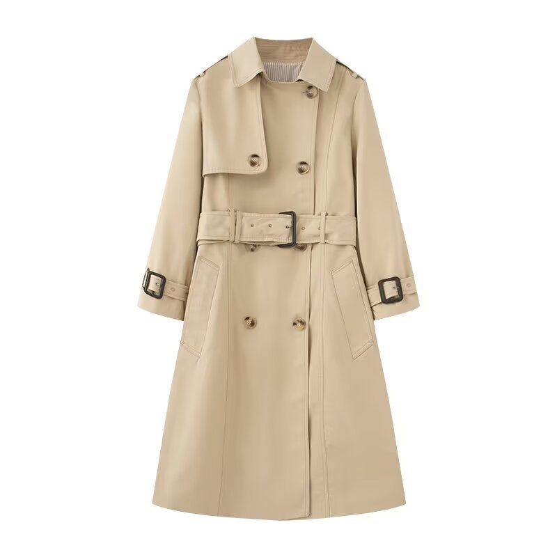 Damen Langer taillierter Trenchcoat mit doppelreihiger Knopfleiste, Taillengürtel und Ärmelriegel Drune